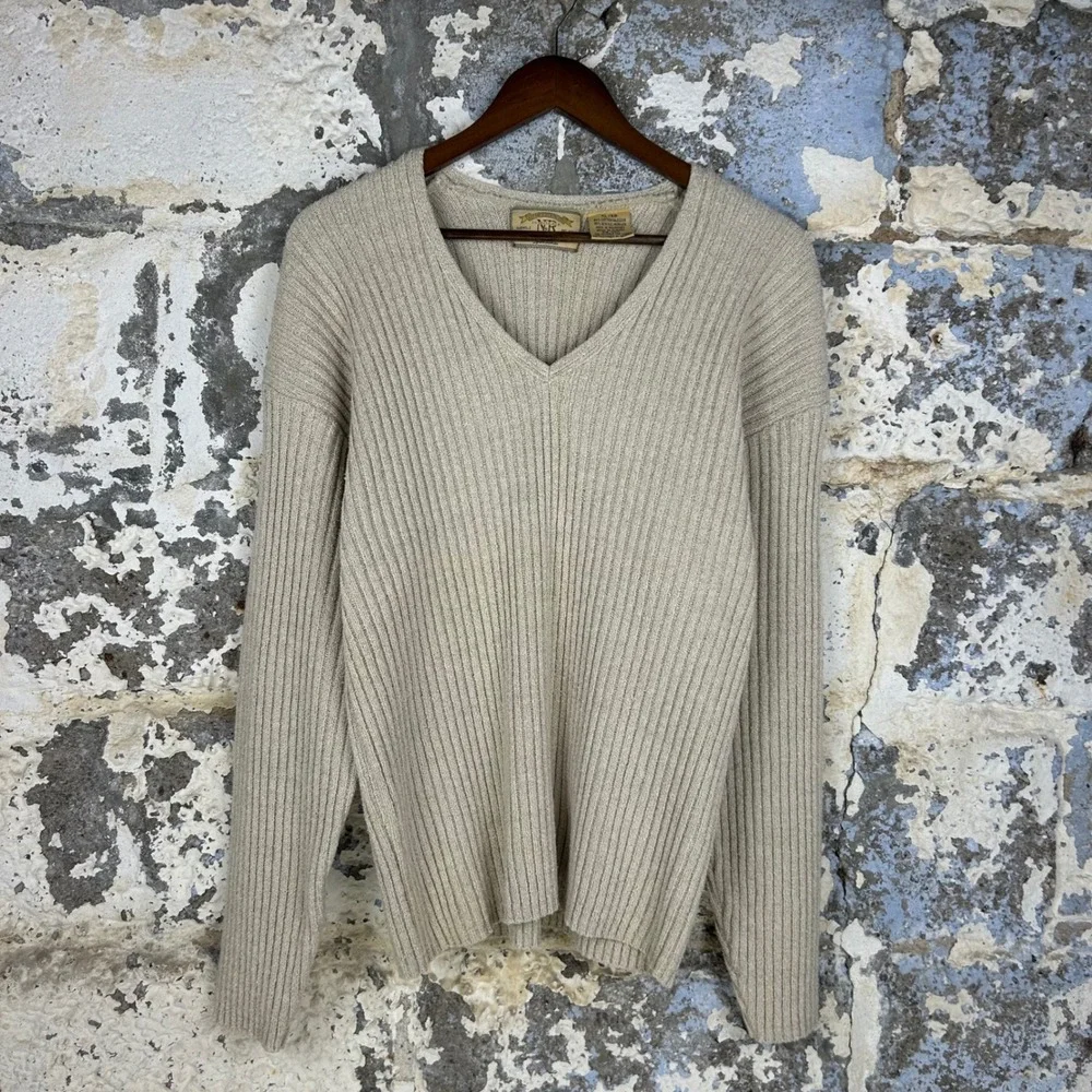 Vintage New River Co Ribbed V-Neck Sweater Beige Heavy Cotton Blend Knit Mens XL